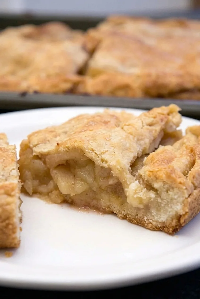 Close view of tender apple slices between the golden top and bottom crusts of apple slab pie