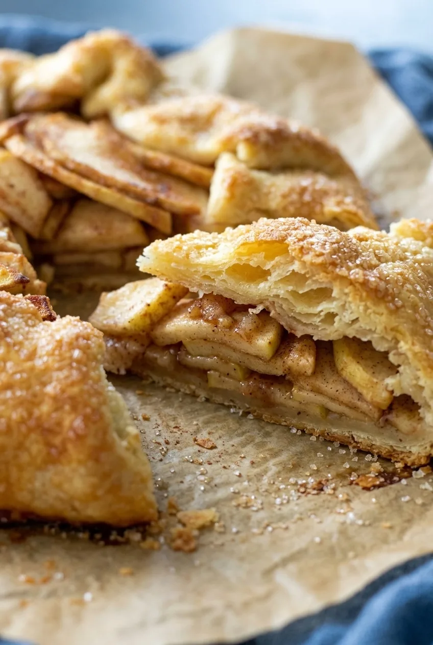 Close view of a cut apple galette slice showing tender layered apples and flaky, sugared pastry