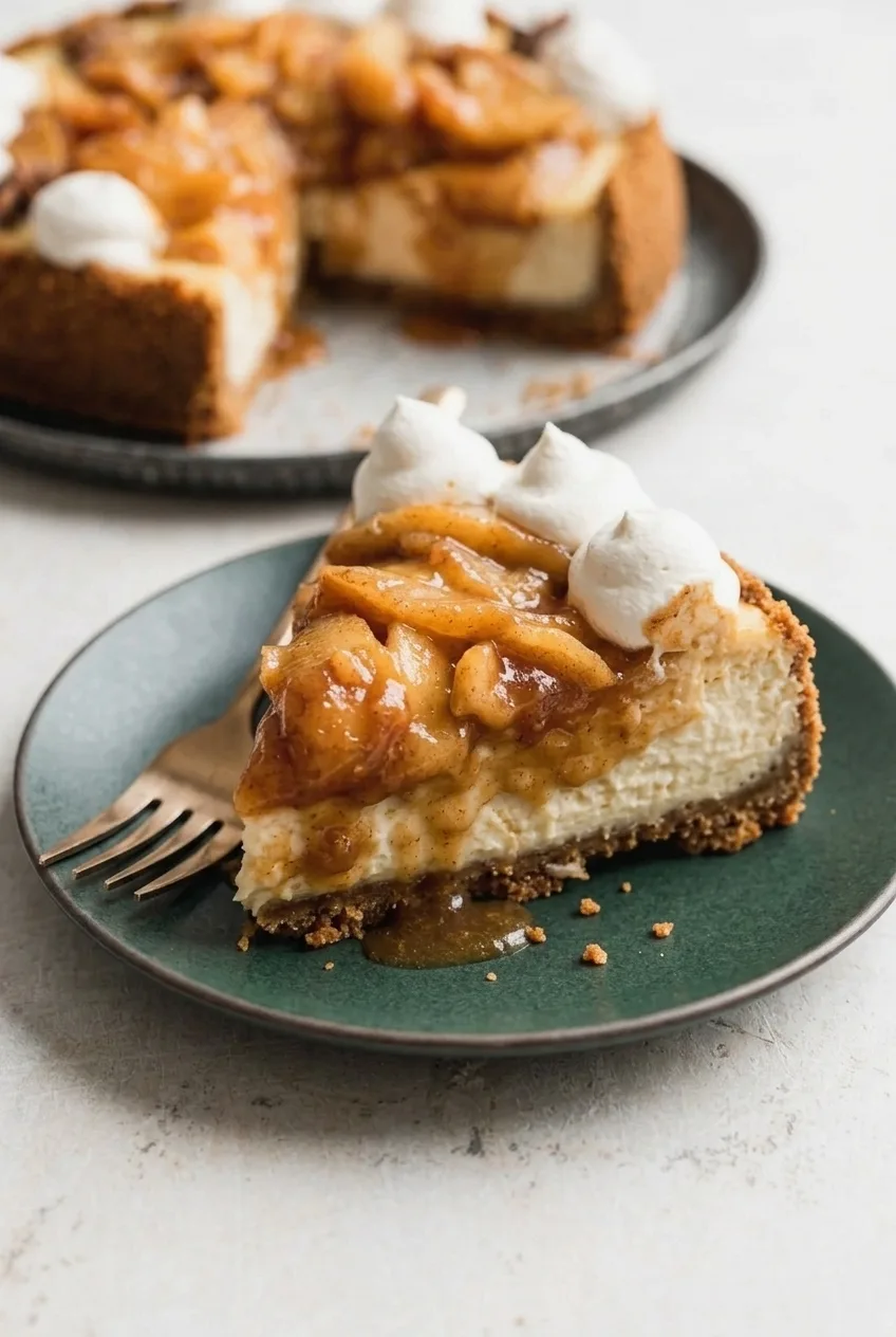 Close view of a pie wedge showing graham cracker crust, cream cheese filling, and caramel-coated apples
