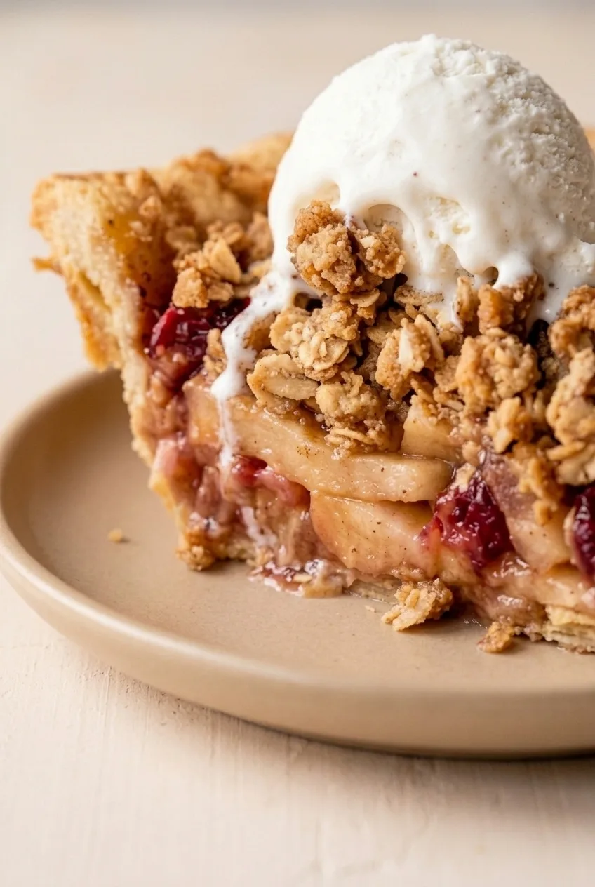 Close view of apple slices and red cranberries above the pastry crust of an apple cranberry pie wedge