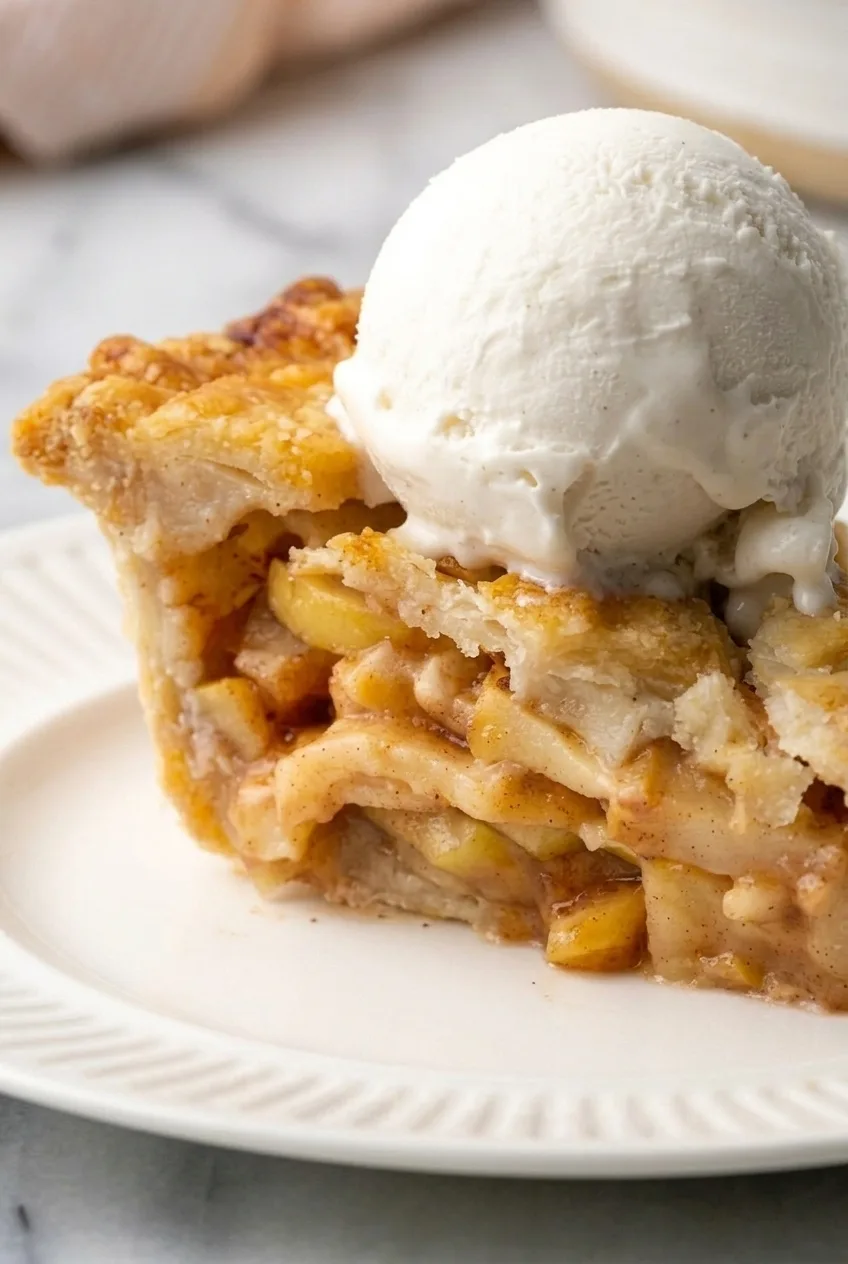 Close view of sliced apple and pear filling between flaky pie crusts beneath vanilla ice cream