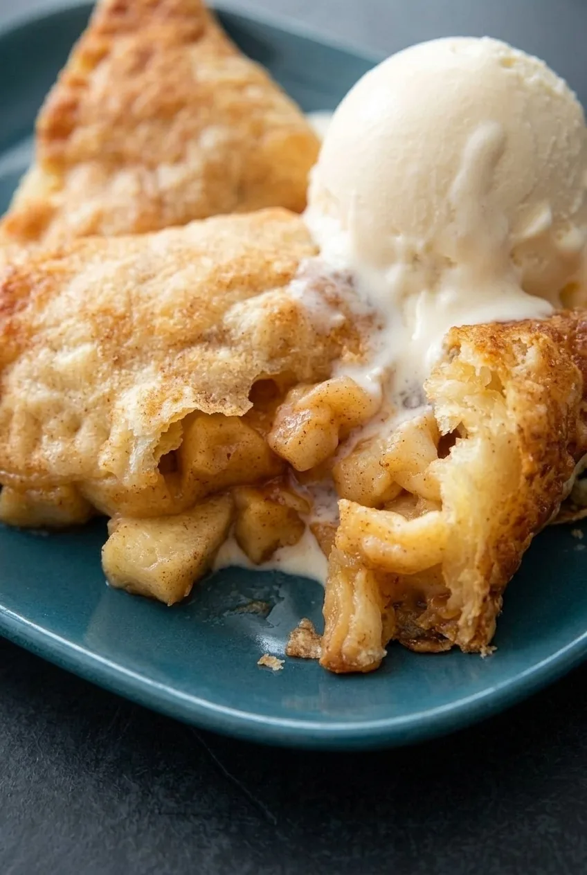 Close view of flaky turnover layers and chunky cinnamon-apple filling beside melting vanilla ice cream