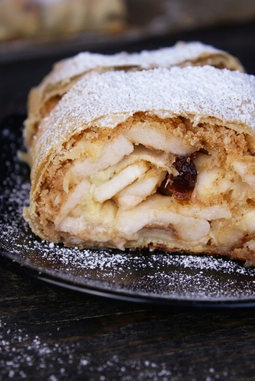 Close view of sliced apples and a few raisins inside the golden pastry crust of apple strudel