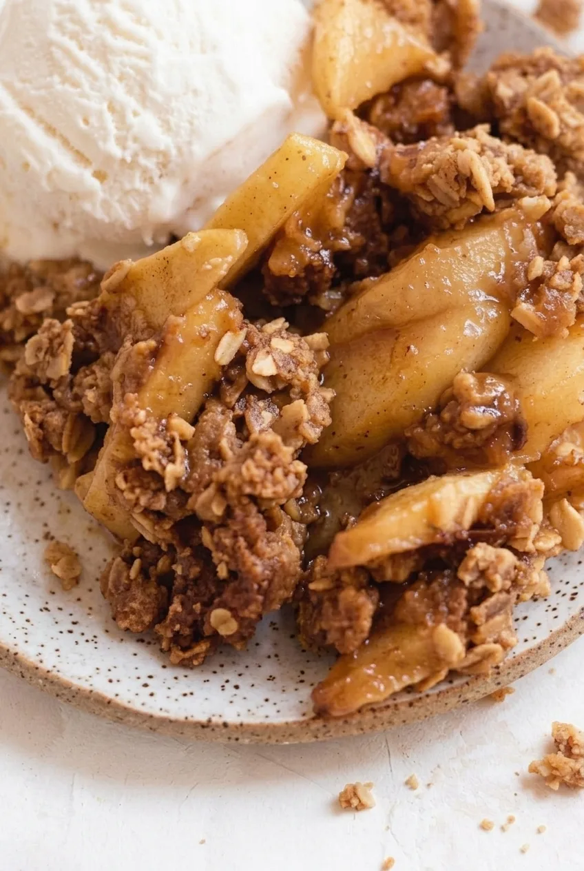 Close view of glossy apple slices and coarse oat crumbs beside vanilla ice cream