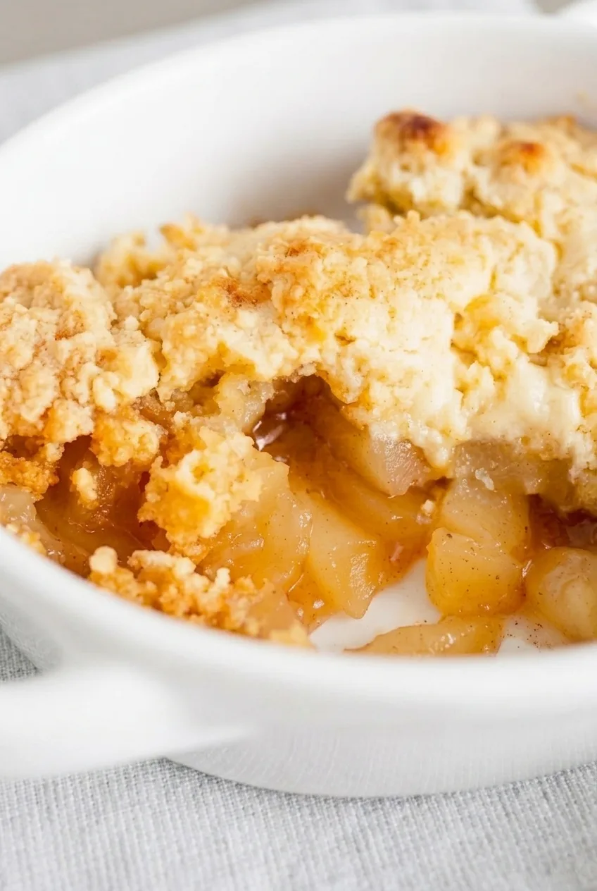 Close view of tender apples and thickened juices beneath the broken biscuit topping