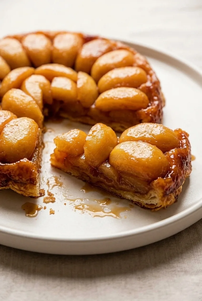 Cut wedge of apple tarte Tatin showing caramelized apple quarters above the golden crust