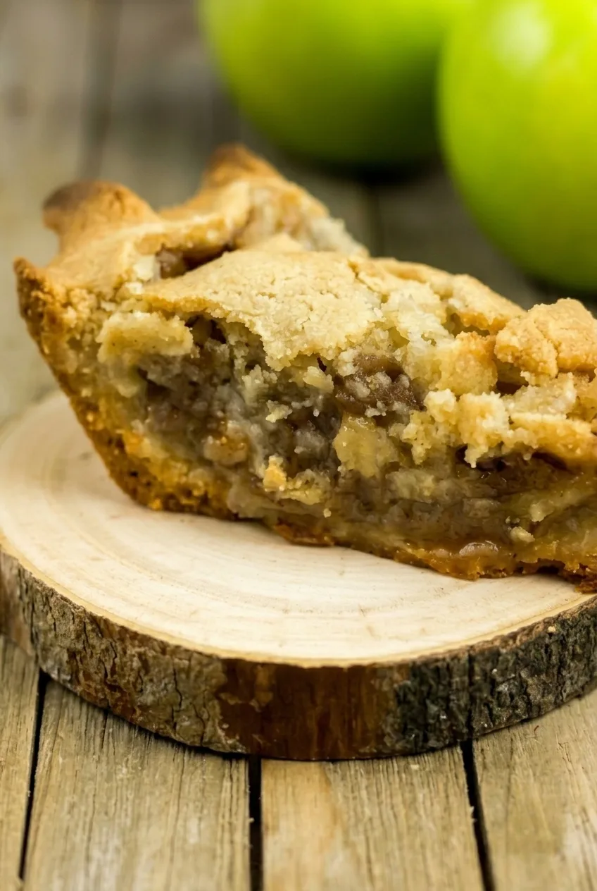 Close view of tender apple filling between the top and bottom crusts of a low sugar apple pie slice