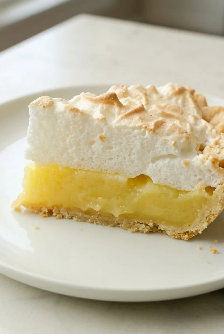 Close view of lemon meringue pie layers: thin pastry, set yellow filling, and airy white meringue