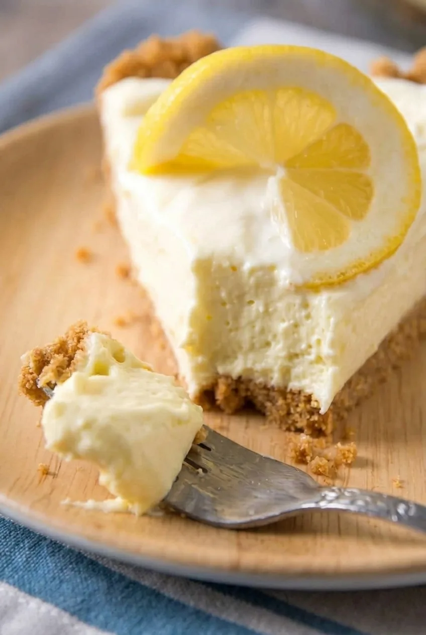 Close view of creamy lemon pie filling broken open above its coarse golden graham crust
