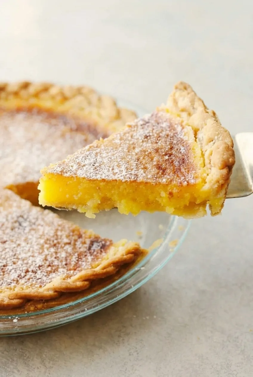 Close view of a lemon chess pie wedge showing thick yellow custard, a browned top, and pastry crust