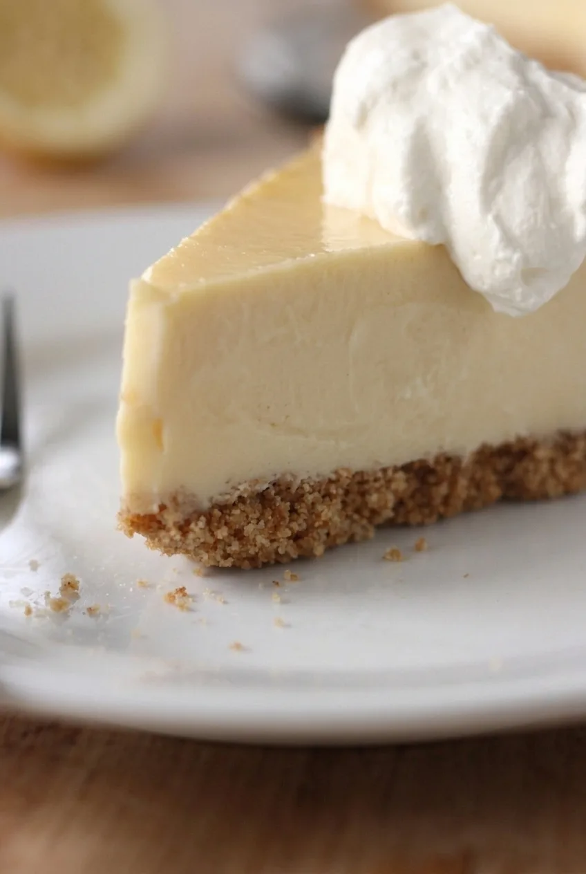 Close view of smooth lemon icebox pie filling above a compact graham cracker crust