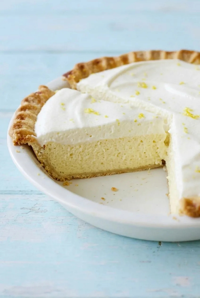 Cut slice of lemon chiffon pie showing airy pale-lemon filling beneath whipped cream