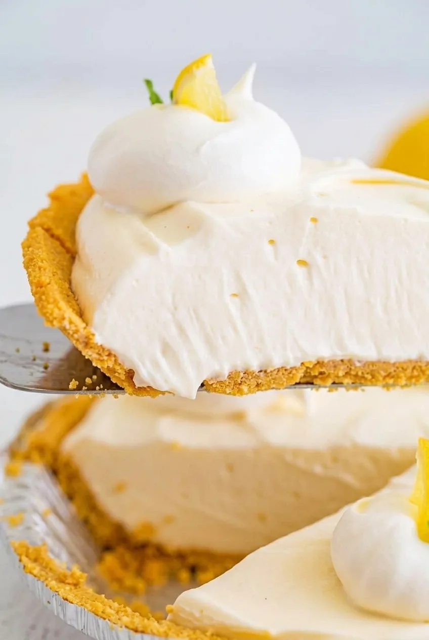 Close view of a lemonade pie wedge showing smooth pale filling above a thin golden graham crust