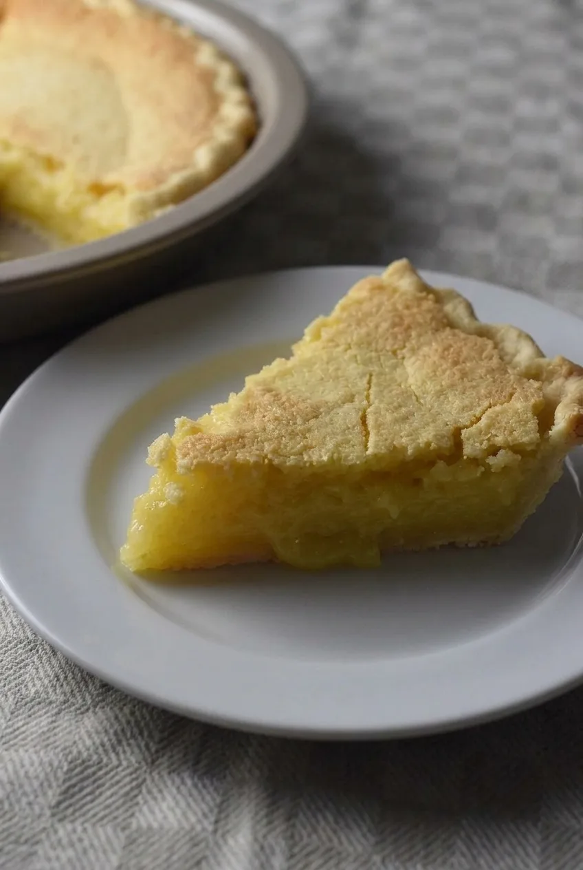 Close view of a lemon pie slice showing soft yellow custard beneath its lightly cracked top