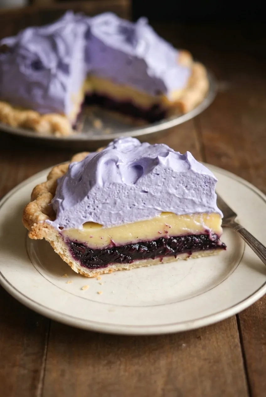 Slice of lemon blueberry pie showing blueberry and lemon layers beneath lavender meringue