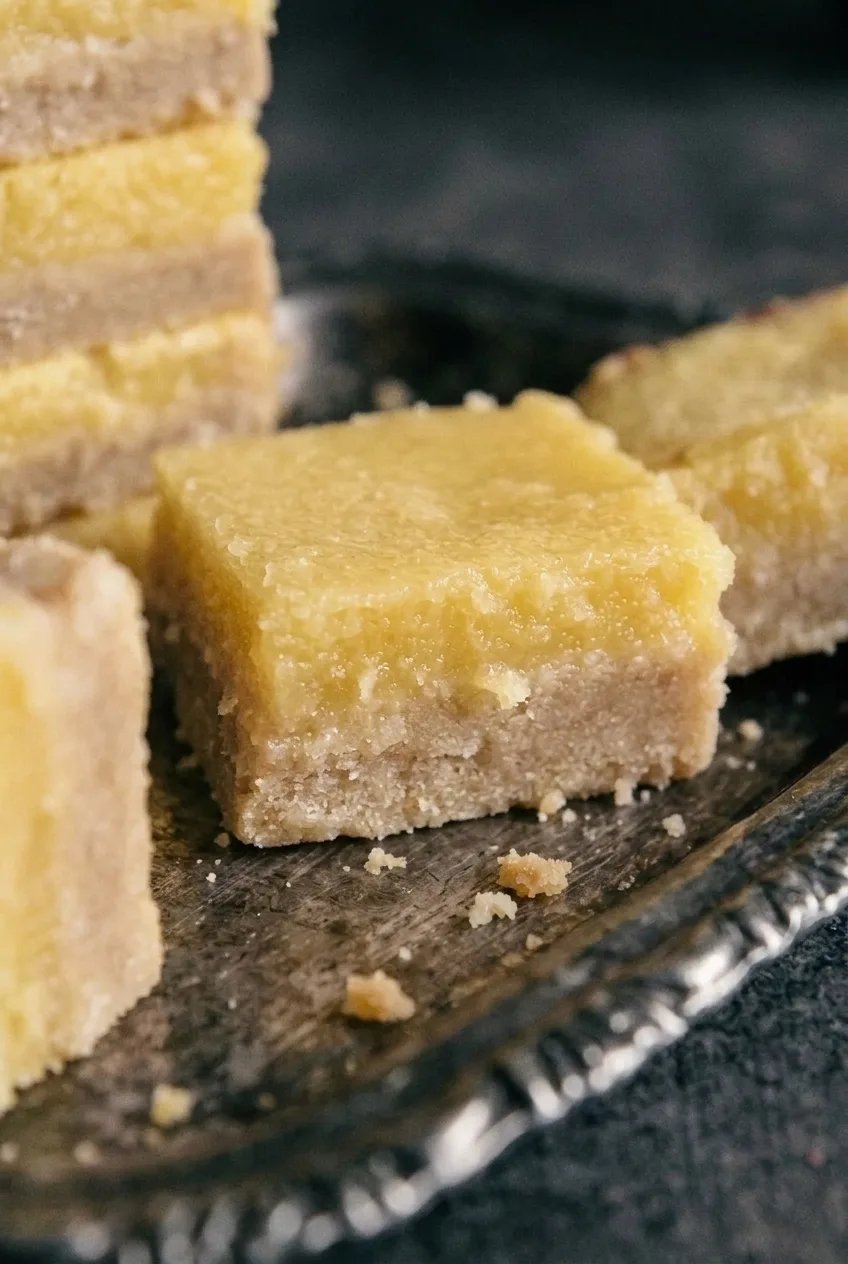 Close view of a lemon bar’s softly set filling and fine-crumbed shortbread crust