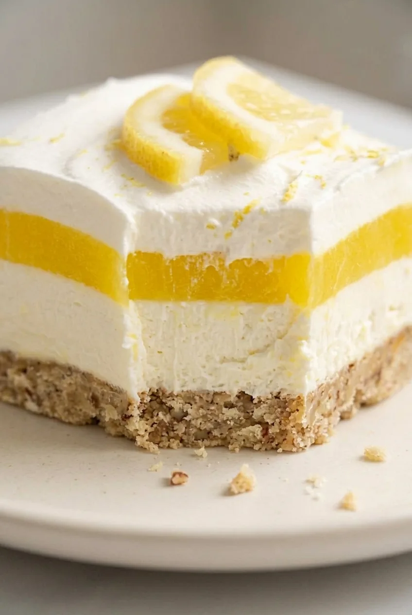 Close view of lemon lush showing its pecan crust, cream cheese filling, lemon pudding, and whipped topping