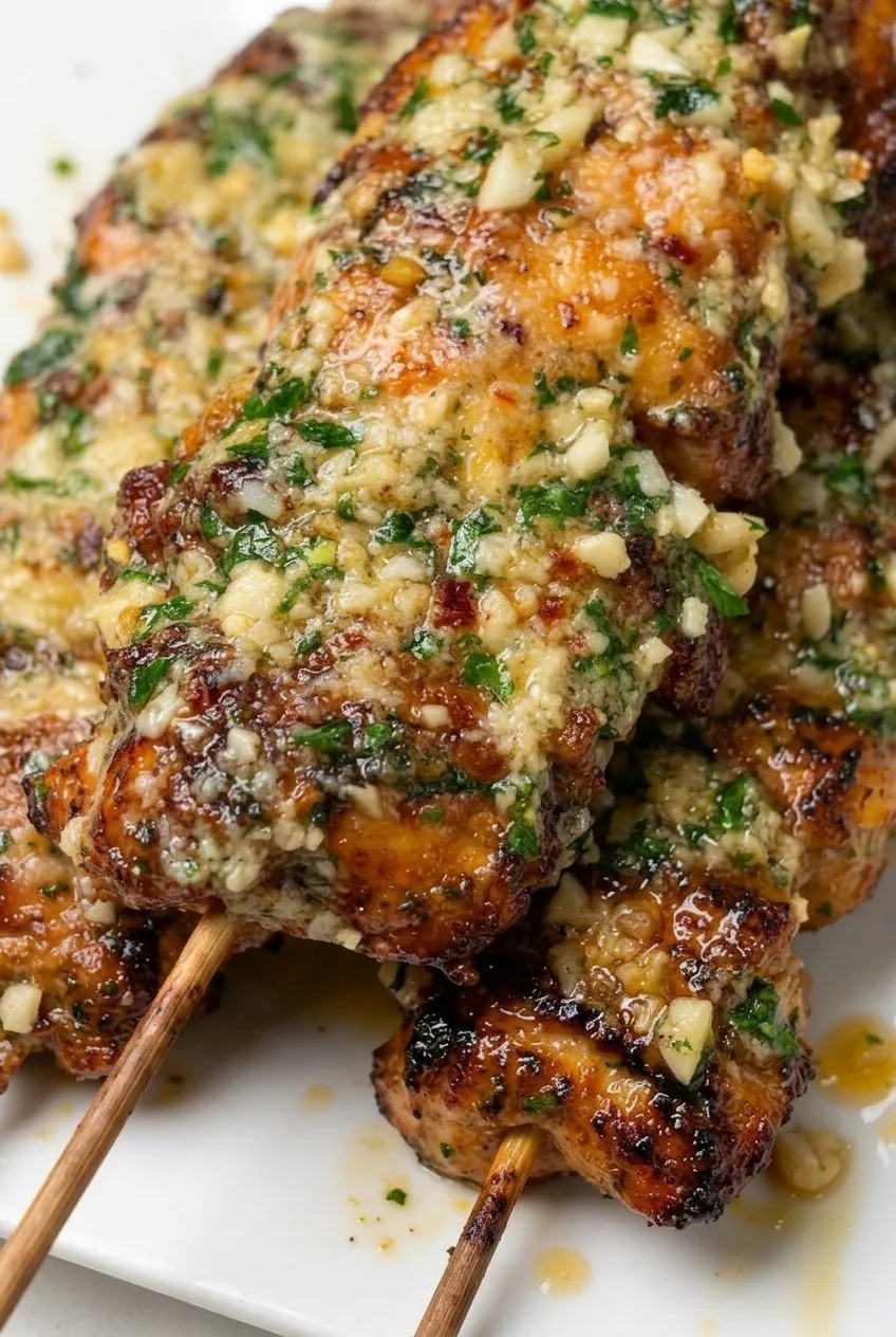 Close view of browned chicken on a skewer with visible garlic, Parmesan, and parsley in glossy butter