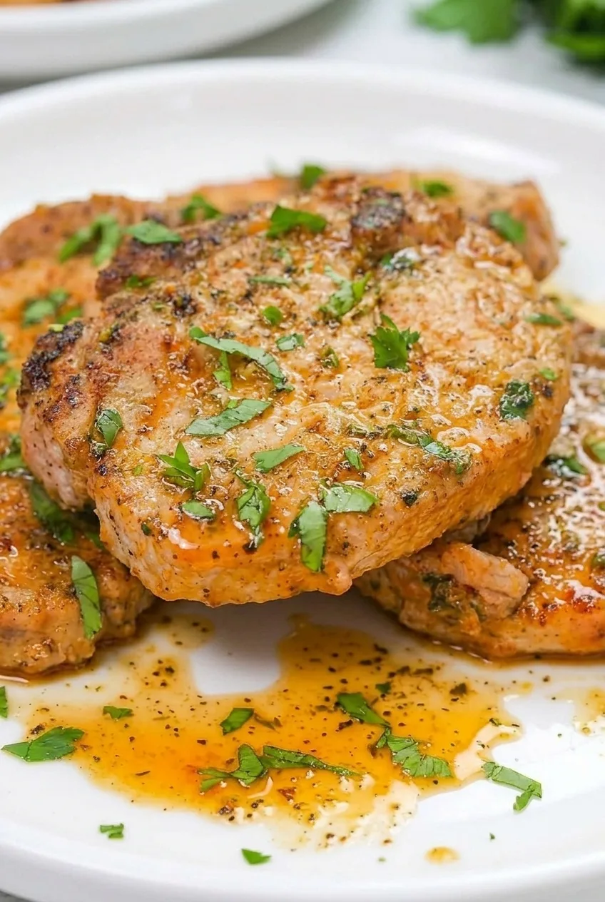 Close view of a thick pork chop’s paprika-speckled surface, parsley, and glossy juices