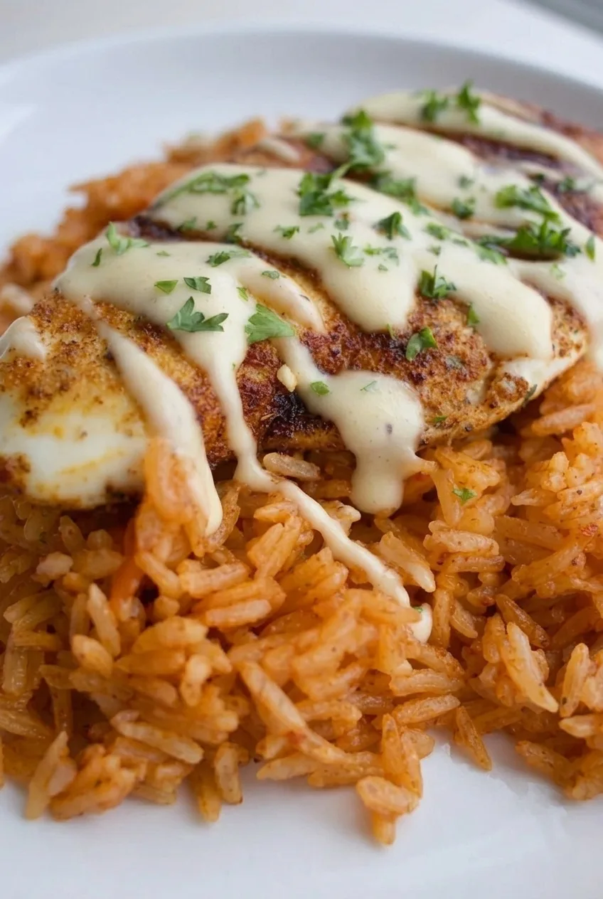 Close view of browned chicken, smooth white cheese sauce and distinct orange rice grains