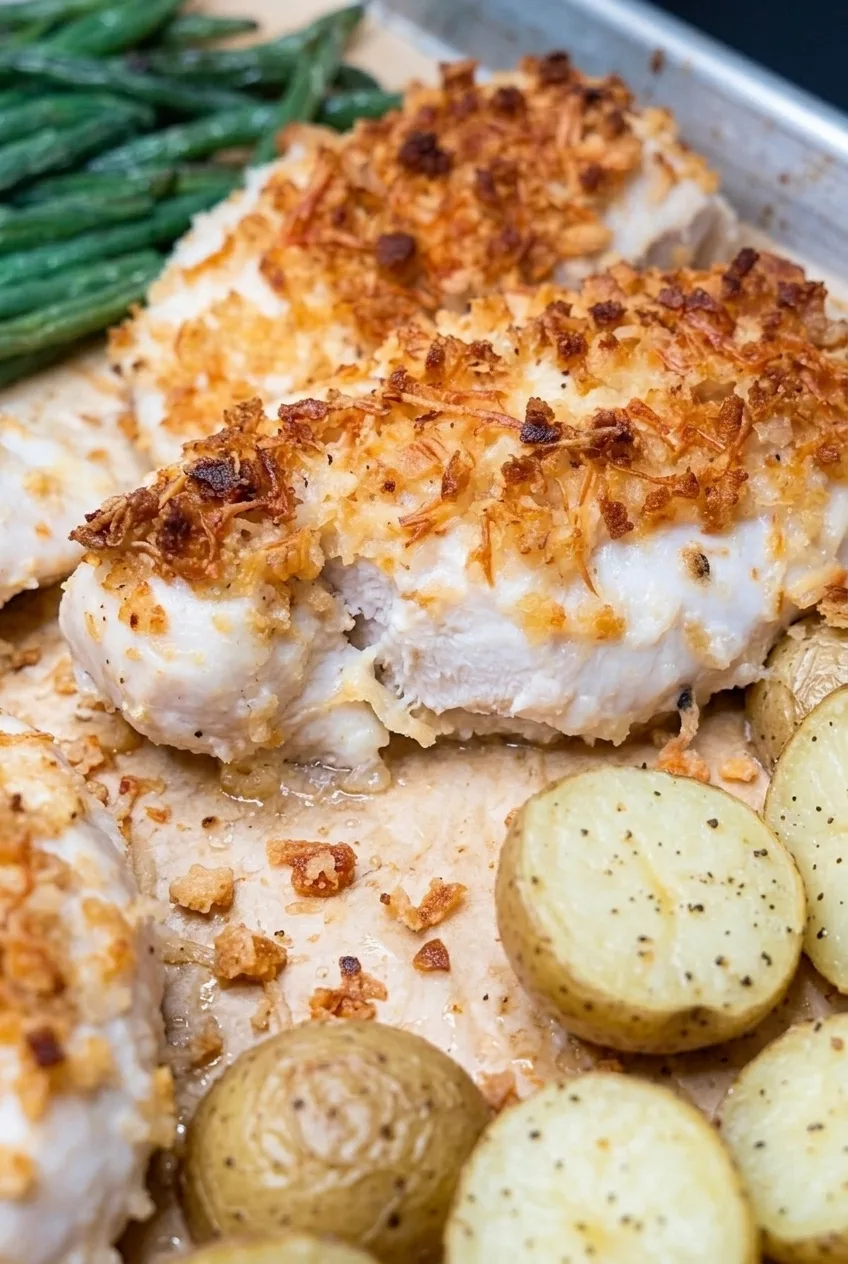 Close view of golden Parmesan-panko crust and cooked white chicken beside roasted potatoes