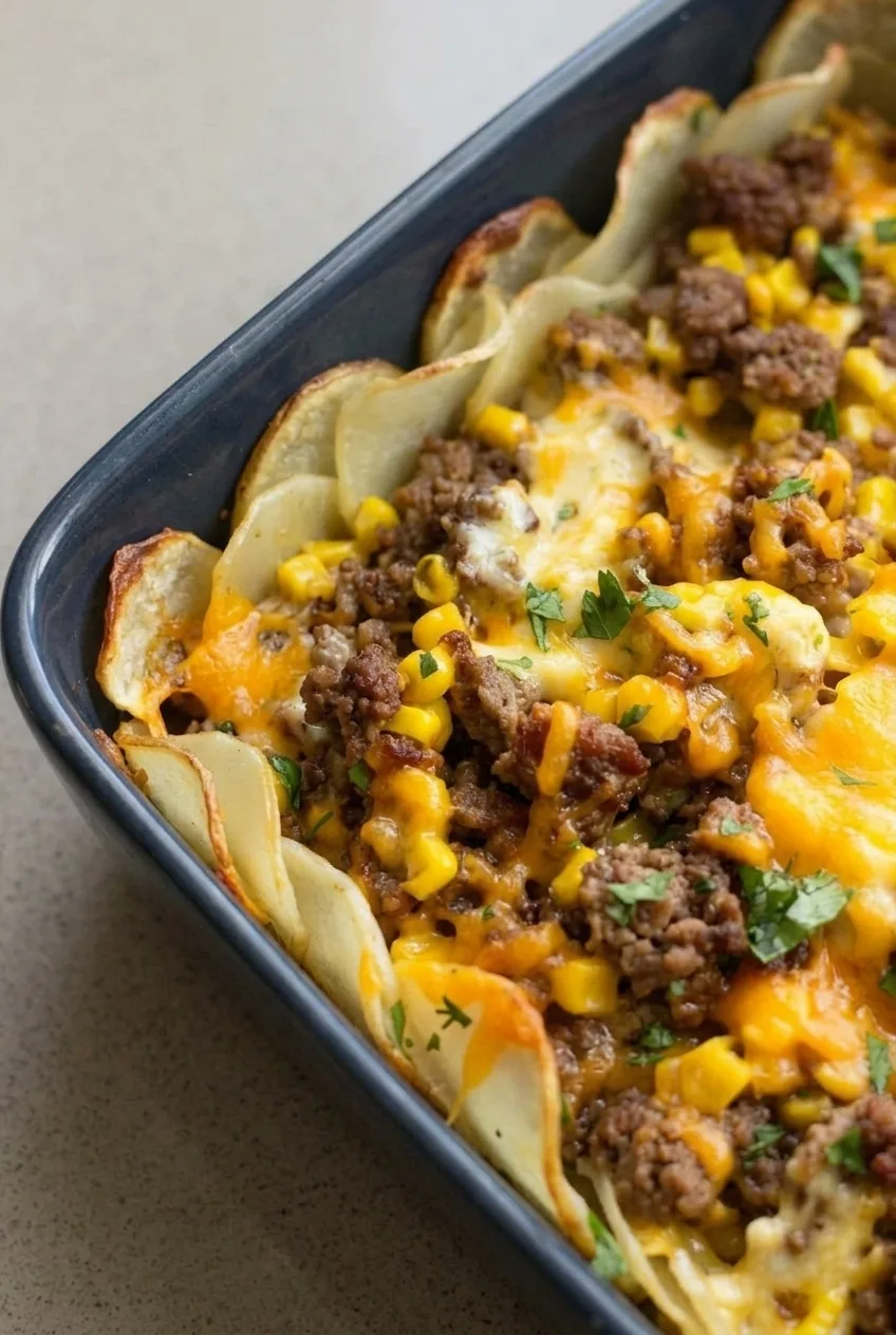 Close view of tender potato slices beside creamy beef and corn beneath melted cheddar