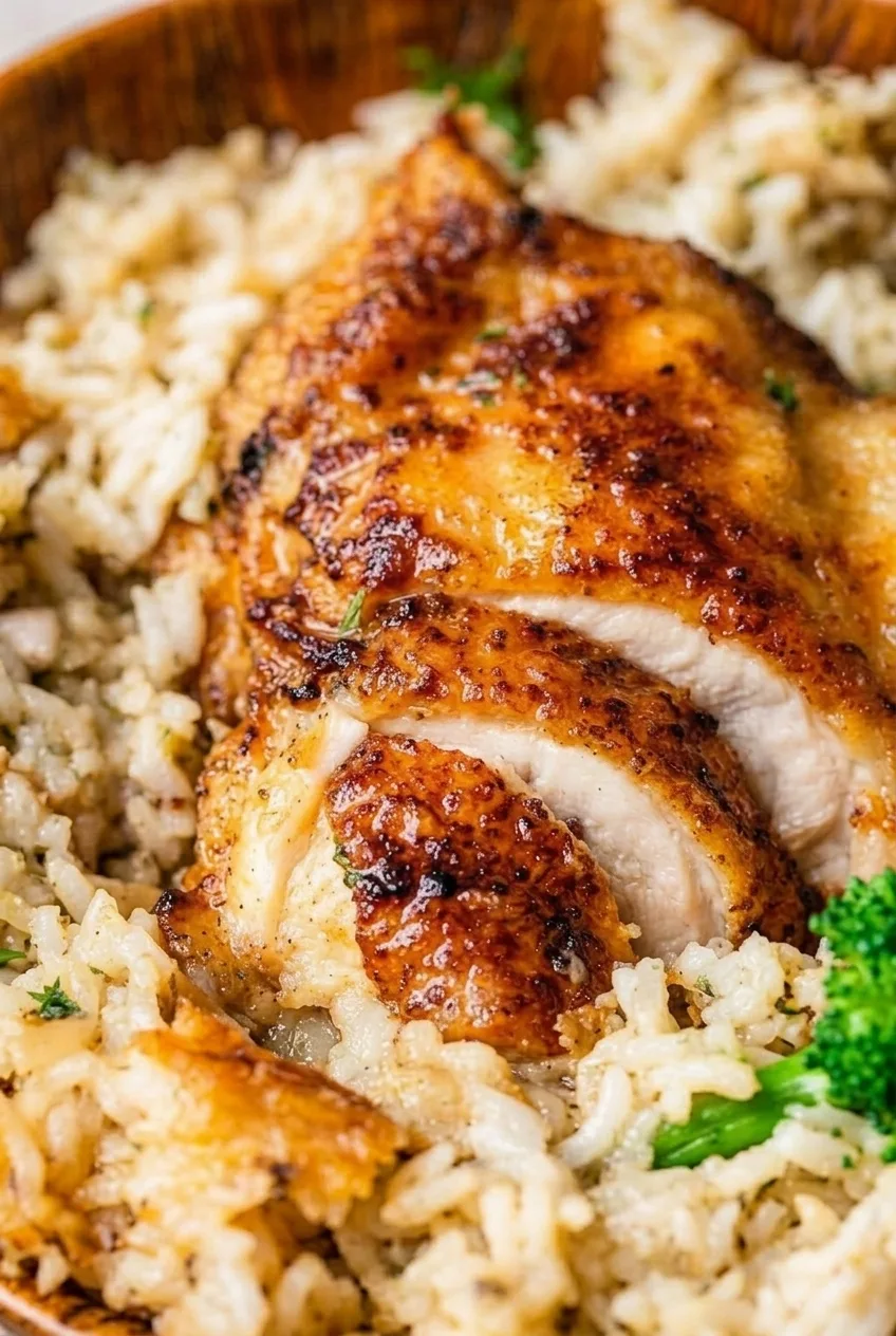 Close view of browned chicken skin, sliced cooked meat and lightly creamy long-grain rice