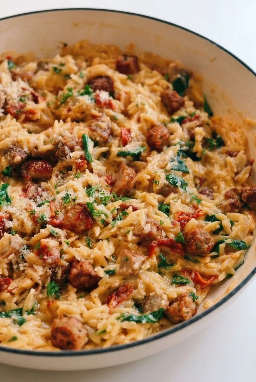 Close view of saucy orzo grains, browned chicken, sun-dried tomatoes, and wilted spinach