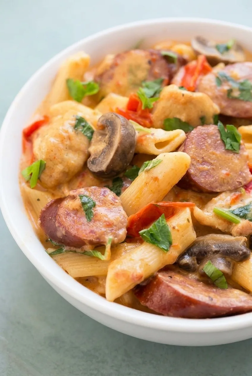 Close view of glossy Cajun cream sauce coating penne beside browned sausage, chicken, and mushrooms