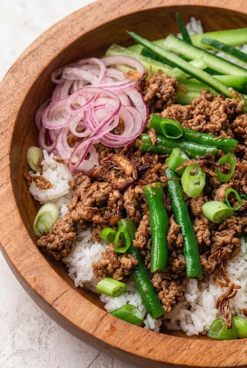Close view of browned turkey crumbles, rice grains, green beans, edamame, and crispy shallots