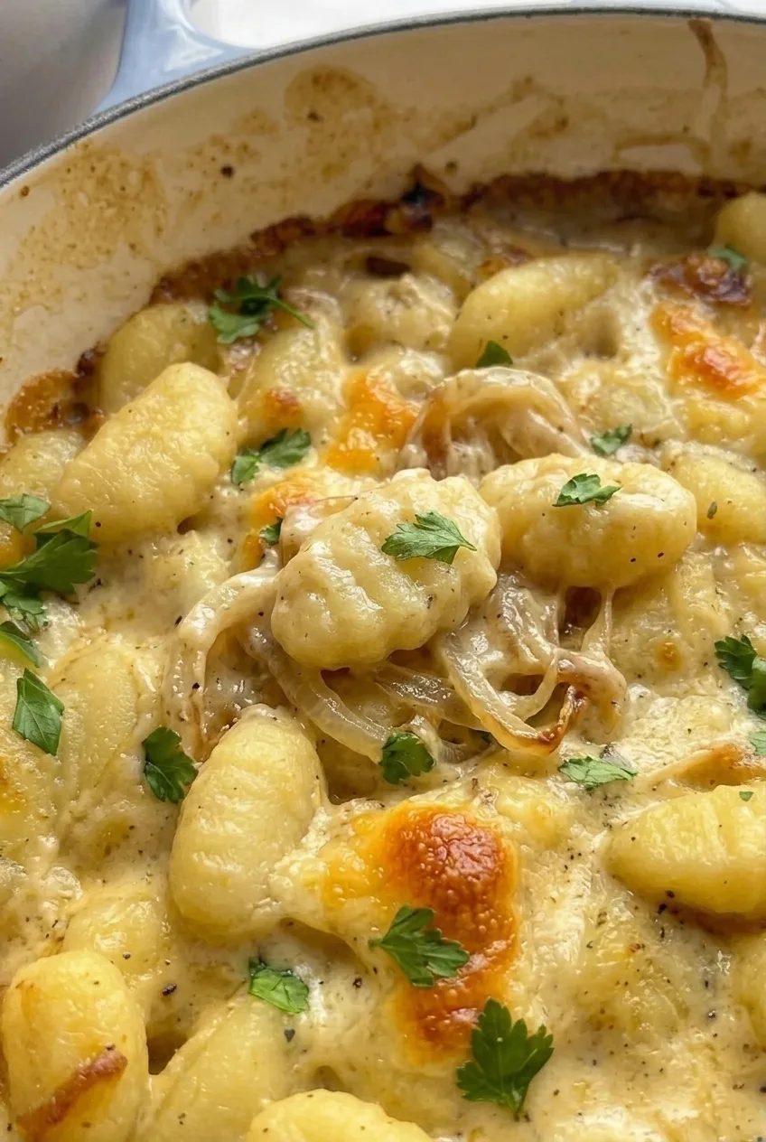 Close view of ridged gnocchi coated in creamy onion sauce beside a browned Gruyère patch