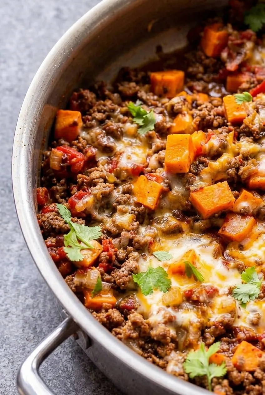 Close view of intact sweet potato cubes, browned beef, tomatoes, and melted cheese in the skillet