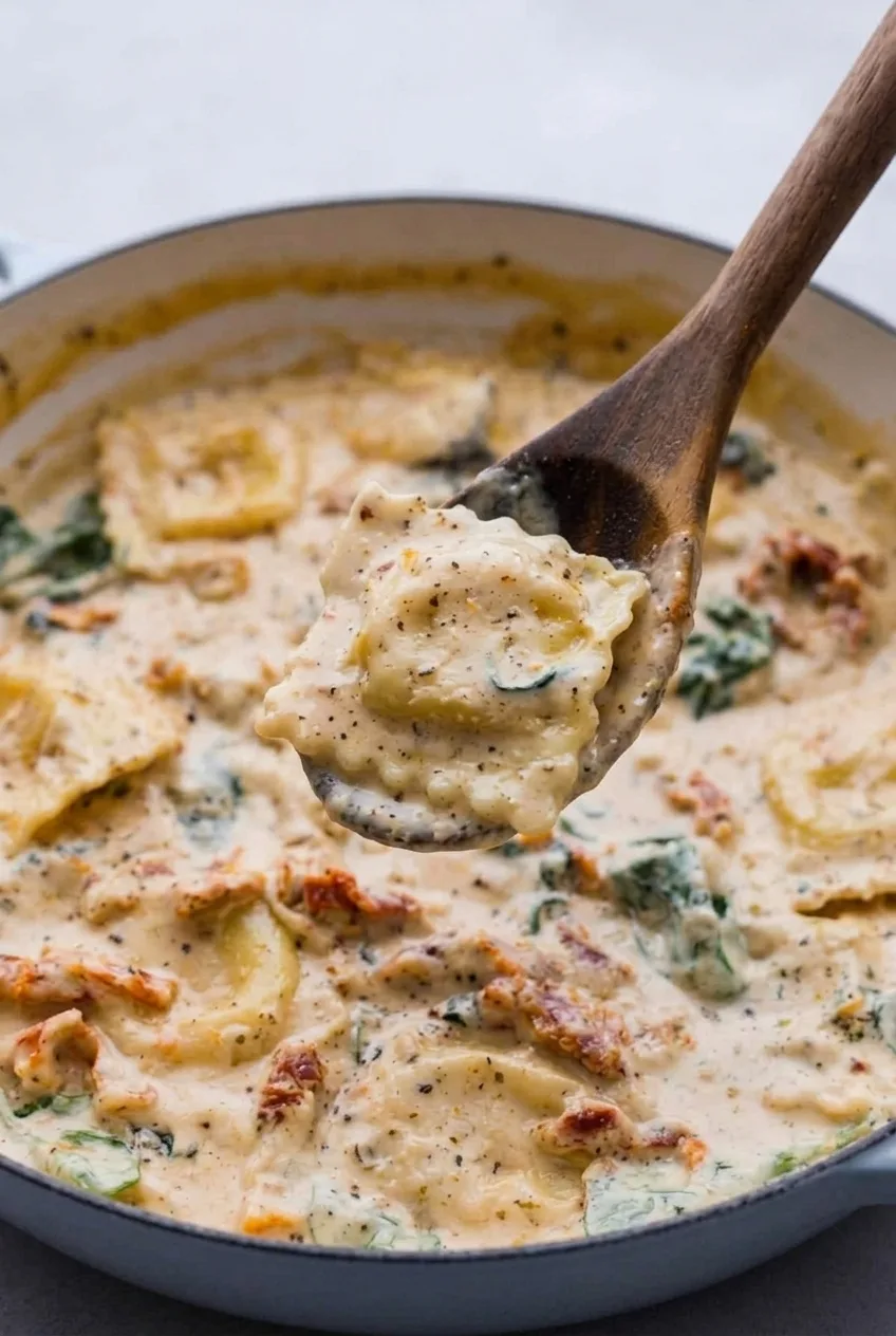Close view of a ridged raviolo lifted from creamy sauce with spinach and sun-dried tomatoes