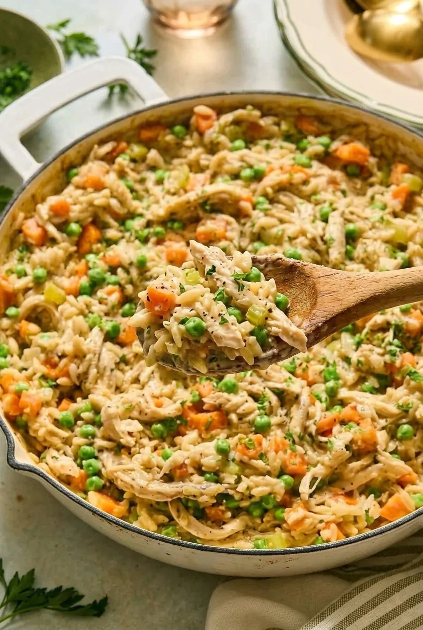 Close view of creamy orzo and shredded chicken with peas and diced vegetables coating a wooden spoon