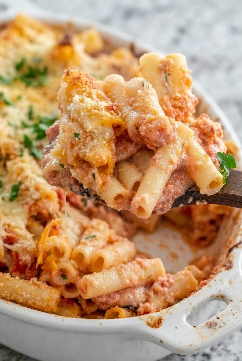 Close view of saucy ziti tubes, melted cheese, fine golden crumbs, and parsley