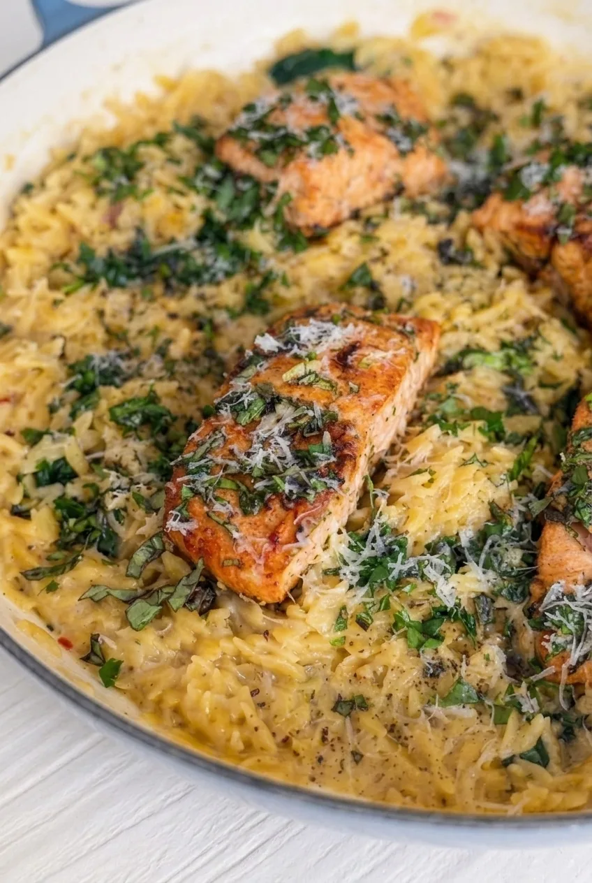 Close view of moist, seared salmon beside glossy spinach orzo with parsley and fine Parmesan