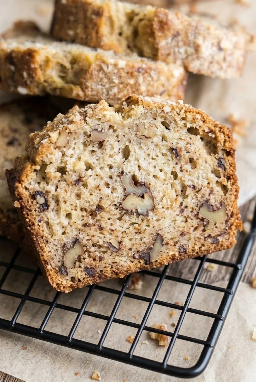 Close view of banana-flecked bread crumb with chopped walnuts and a browned crust