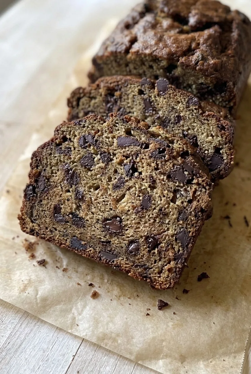Close view of thick banana bread slices showing a set crumb filled with dark chocolate pieces