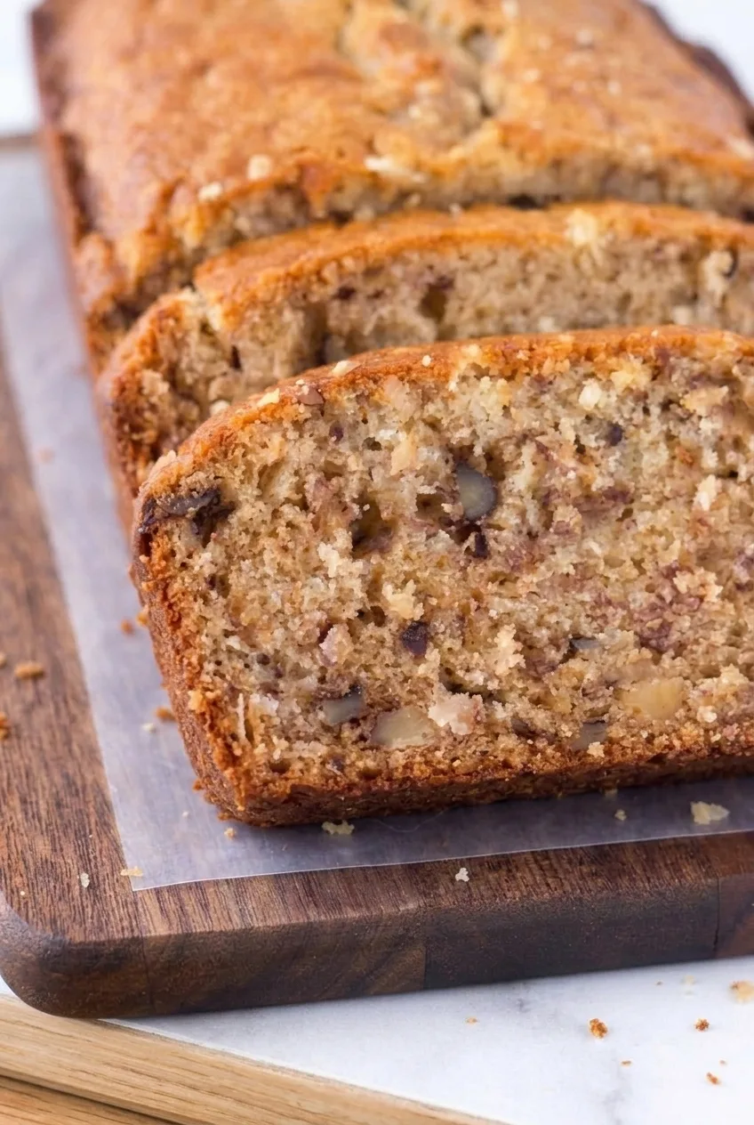 Close view of a banana nut bread slice showing its moist crumb and chopped walnuts