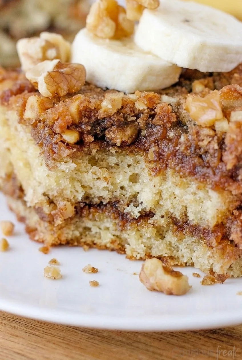 Close view of tender banana crumb, a cinnamon-walnut middle layer, and chunky streusel