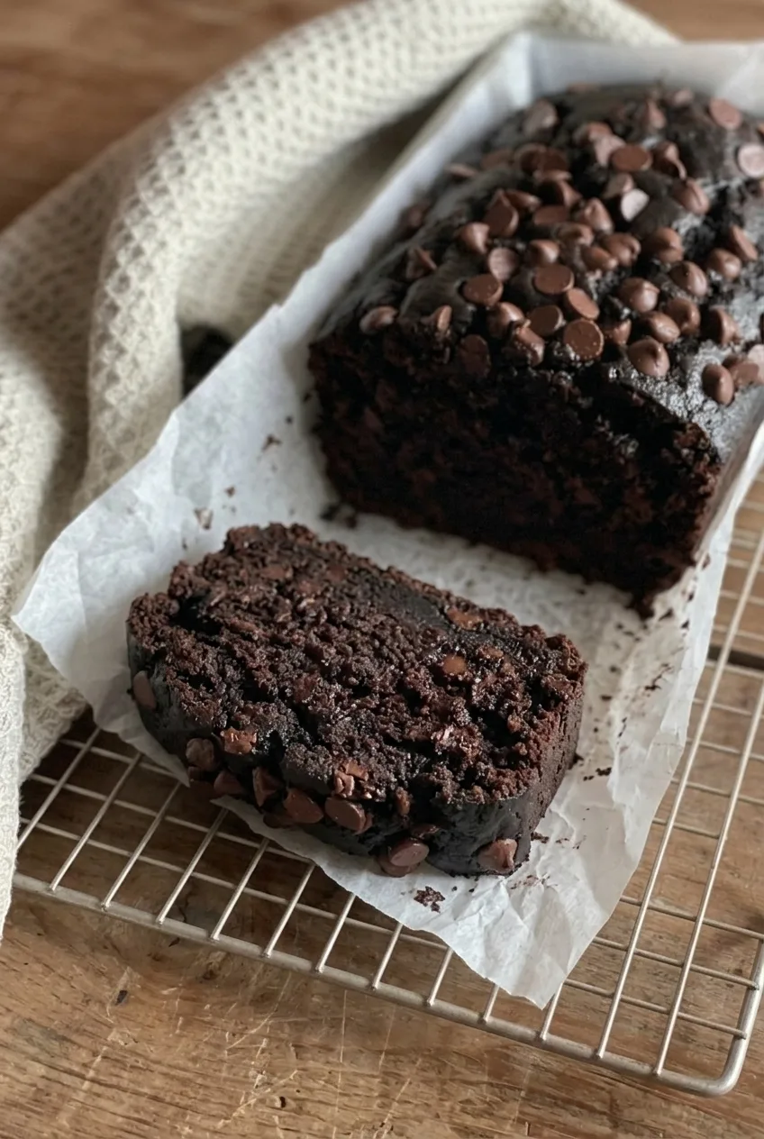 Cut slice of double chocolate banana bread showing its moist cocoa crumb and chocolate chips