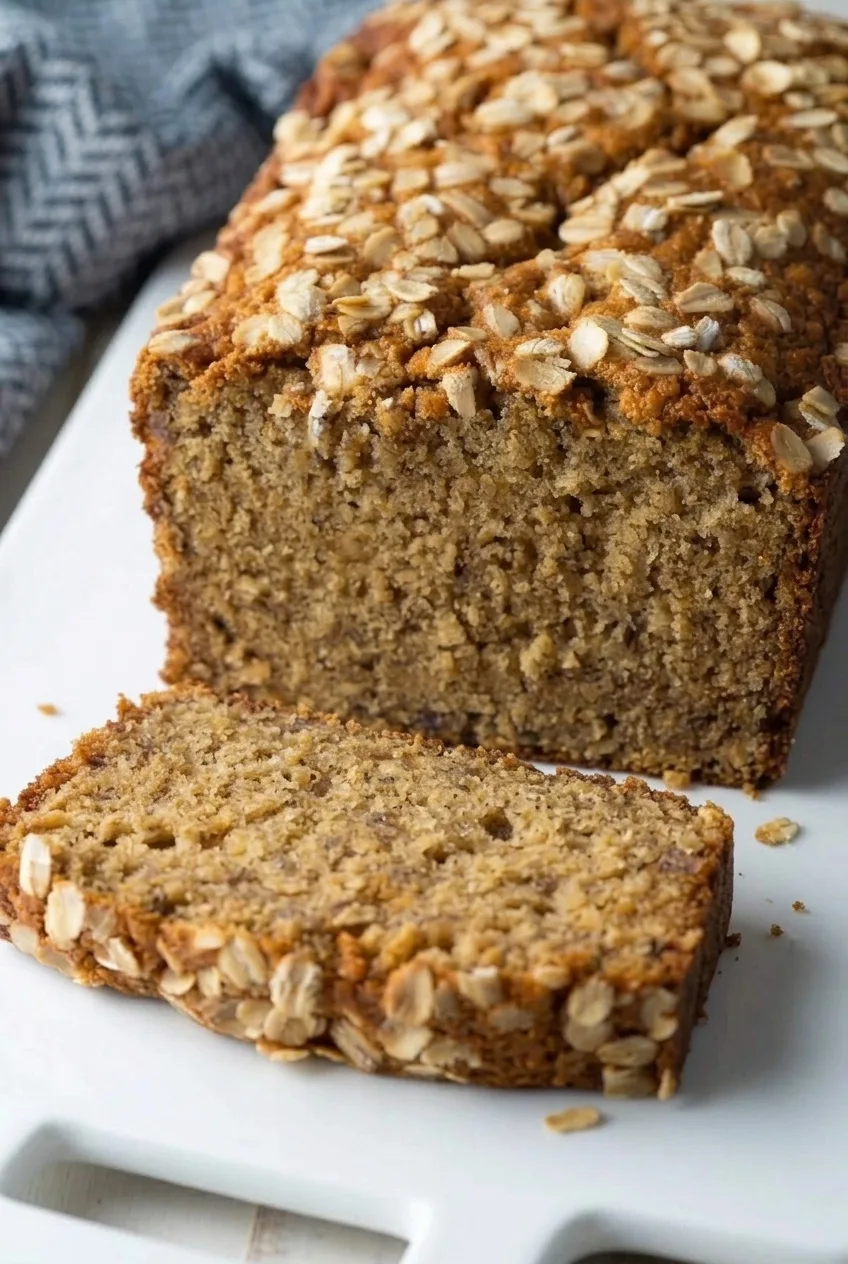 Close view of a thick oatmeal banana bread slice showing its moist, set crumb and rolled-oat crust