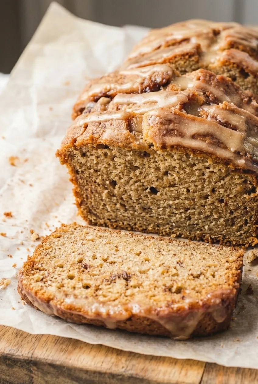 Close view of a banana bread slice showing moist crumb, browned crust, and brown butter glaze