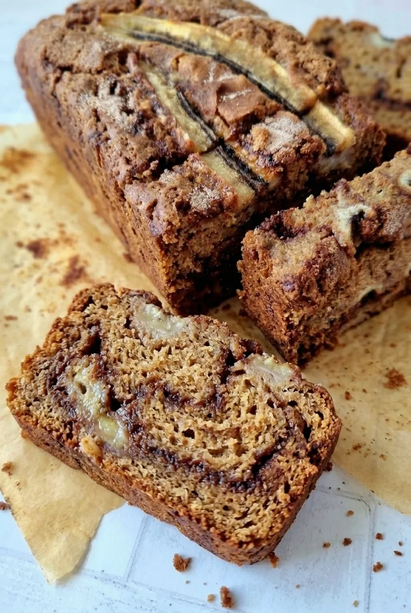 Close view of thick banana bread slices showing tender crumb and a dark cinnamon-sugar ribbon