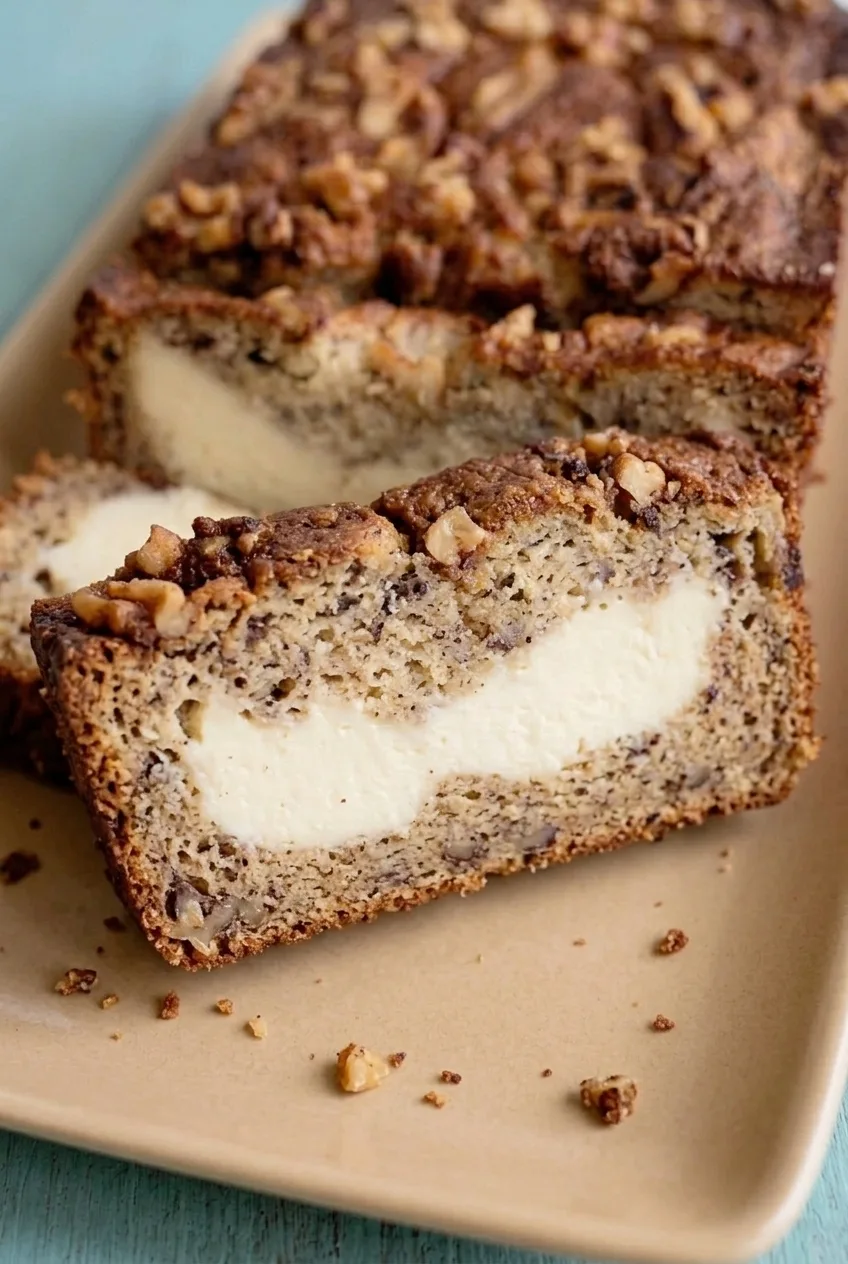 Close view of a banana bread slice showing moist flecked crumb and a broad cream cheese center
