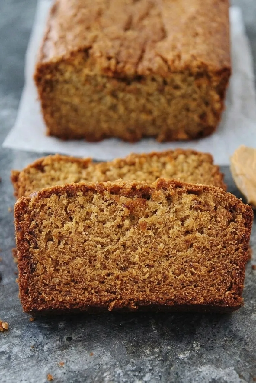 Close view of a thick peanut butter banana bread slice showing its fine crumb and browned crust