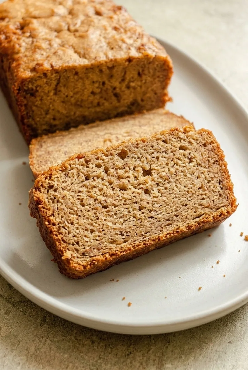 Close view of a thick vegan banana bread slice showing its set, banana-flecked crumb and browned crust