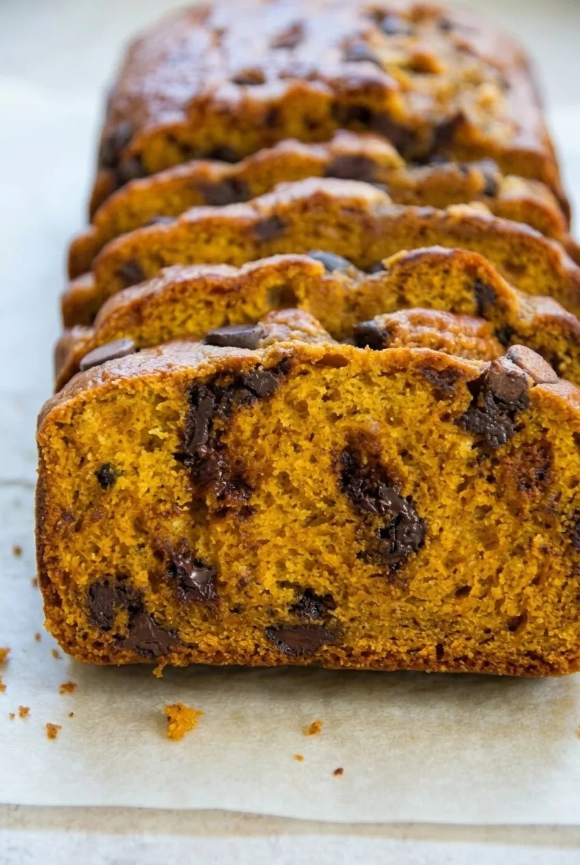 Close view of a pumpkin banana bread slice showing its moist crumb and chocolate pockets