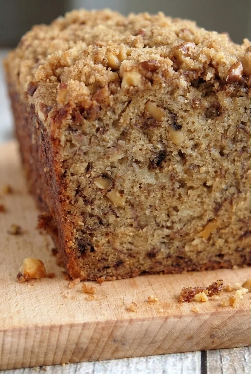 Close view of moist banana bread crumb with pecan pieces beneath coarse cinnamon streusel