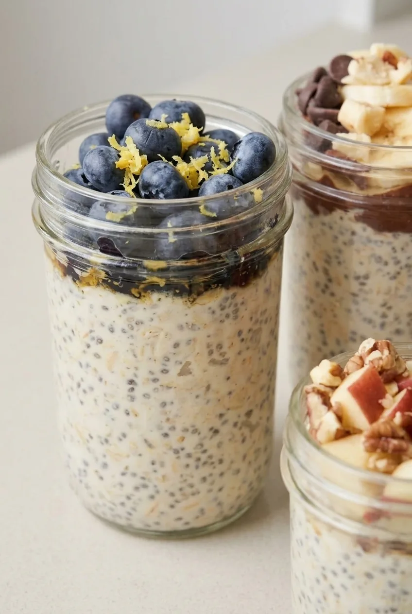 Close view of creamy oat and chia texture beneath blueberries and lemon zest